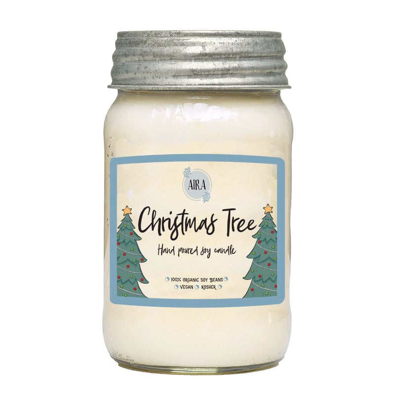 Aira Soy Candles - Organic, Kosher, Vegan, in Mason Jar w/Essential Oils - Hand-Poured 100% Soy Candle Wax - Paraffin Free, 110+ Hours - Pine Scent Holiday Candle - Christmas Tree Scent - 16 Ounces - Image 2